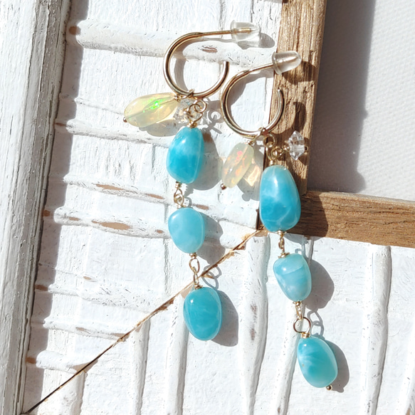 ❁2way Larimar Sea hoop earrings All 14kgf❁美しいハイクオリティラリマー 1枚目の画像