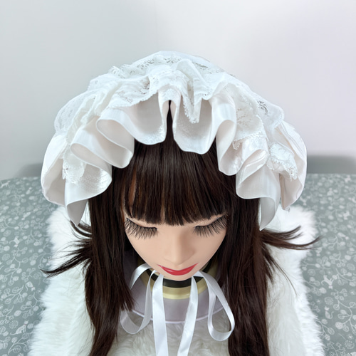 白花菱×帯留めボンネット風ヘッドドレス ロリータ ヘッドドレス ヘッド