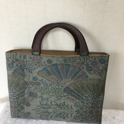 大島紬　満開の藤の花　リメイク　胡桃皮ハンドルバッグ 大島紬 満開の藤の花 リメイク 胡桃皮ハンドルバッグ