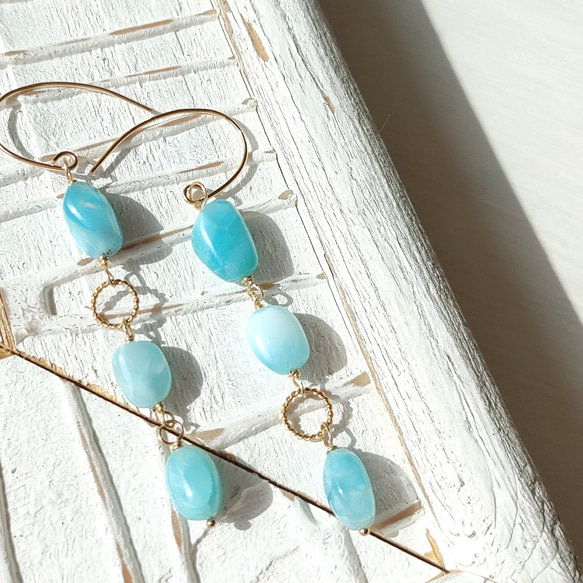 ❁Larimar long earrings All 14kgf❁美しいハイクオリティラリマー 2枚目の画像