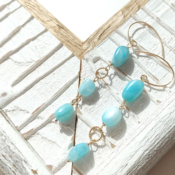 ❁Larimar long earrings All 14kgf❁美しいハイクオリティラリマー 6枚目の画像