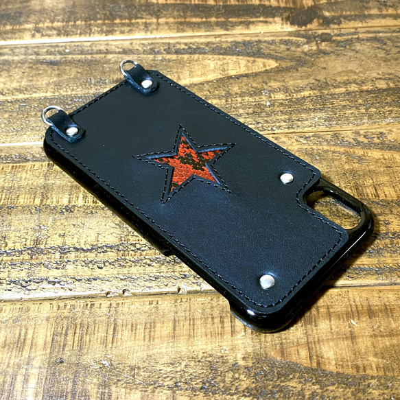 送料無料 iPhone XR 用 ハードカバー レザー スマホケース ダイヤモンドパイソン パイソン スター 赤 3枚目の画像