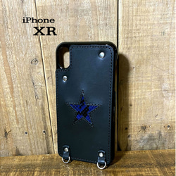 送料無料 iPhone XR 用 ハードカバー レザー スマホケース ダイヤモンドパイソン パイソン スター 紺 1枚目の画像