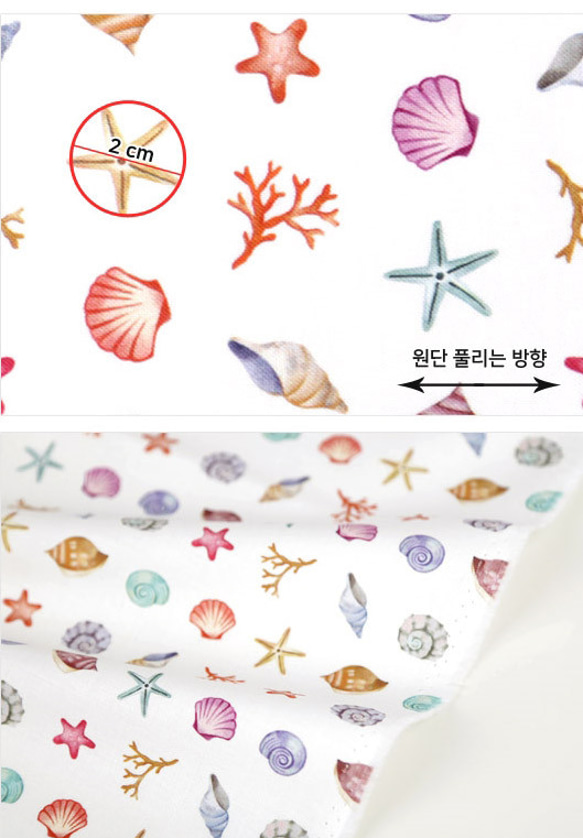 韓国製 海柄 オーシャン 貝 ほら貝 ヒトデ 生地 コットン100％シーチング Ocean Shell Fish 2枚目の画像