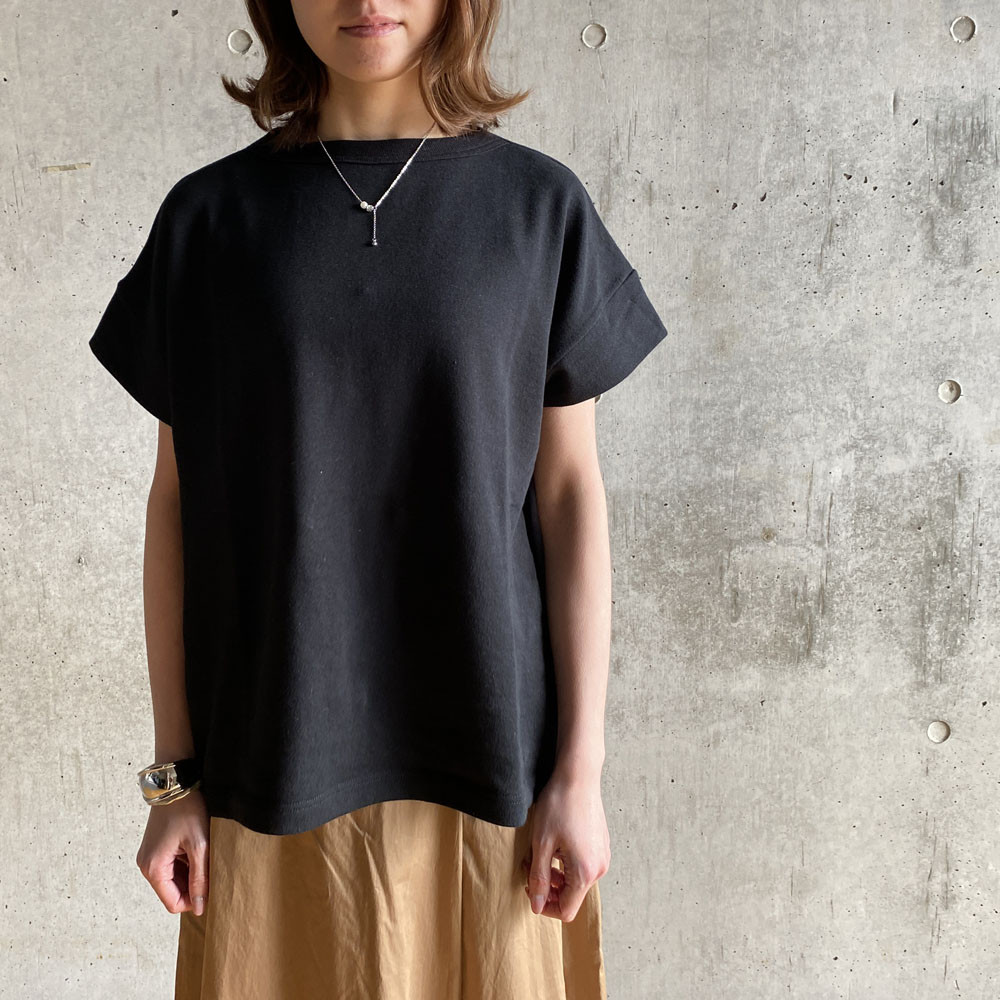 【日本製】ガーゼ裏毛バンドスリーブボートネックプルオーバー＿ブラック