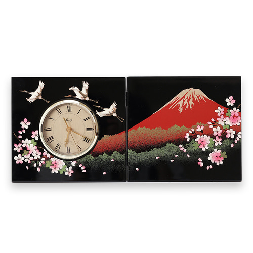早割チケット 木製 贈る漆器の屏風時計 蒔絵 結婚祝い 一富士 富士山に鶴と桜 インテリア時計