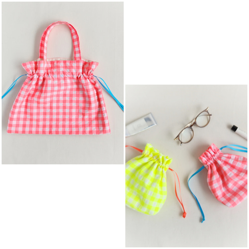 ネオンカラーのギンガムポーチ｜韓国ファブリック×選べるリボン ポーチ