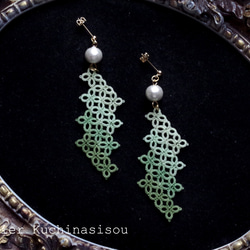 幾何梭織蕾絲棉質珍珠耳環&lt;葉綠&gt; 第7張的照片