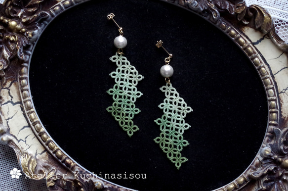 幾何梭織蕾絲棉質珍珠耳環&lt;葉綠&gt; 第7張的照片