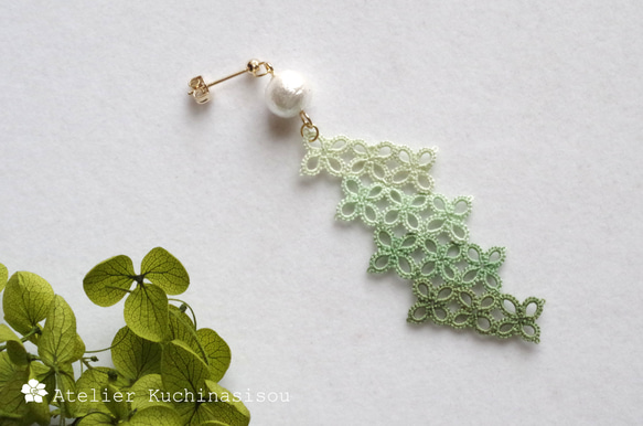 幾何梭織蕾絲棉質珍珠耳環&lt;葉綠&gt; 第3張的照片