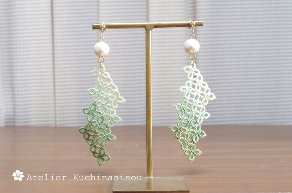 幾何梭織蕾絲棉質珍珠耳環&lt;葉綠&gt; 第6張的照片