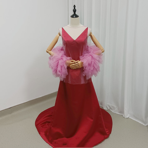 パーティードレス ビビッドピンク オフショルダー チュールスカート  