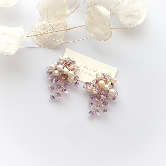 【捷克珠x珍珠花束耳環】淺紫水晶 第7張的照片