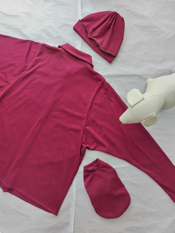 綿ネップニット生地を使ったハイネックプルオーバー犬服とお揃いの大人服ロングシャツ 2枚目の画像