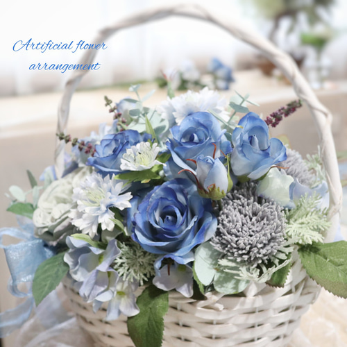 母の日フラワー 青いのバラ バスケットアレンジ ❀ 華やか エレガント
