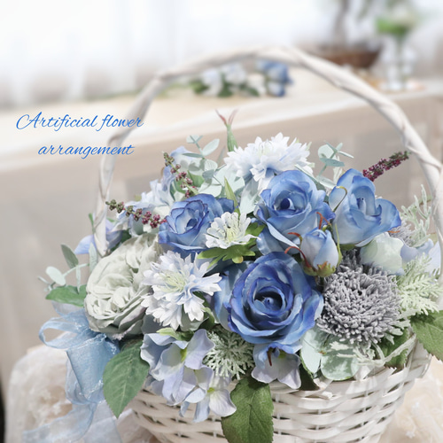 母の日フラワー 青いのバラ バスケットアレンジ ❀ 華やか エレガント