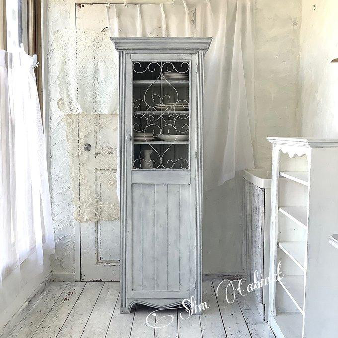 【受注製作】スリムキャビネット・フレンチカントリー・グレーホワイト・シャビー・飾り棚・戸棚（#c01）