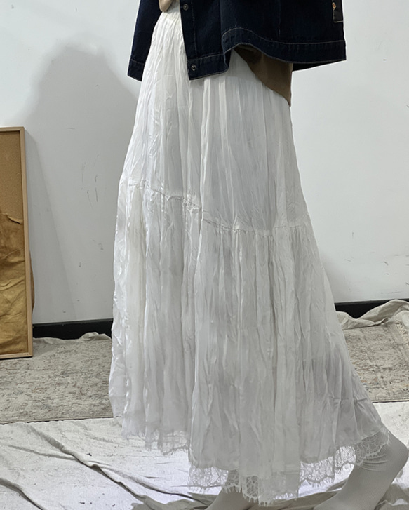 プリーツの薄いシフォンのミディアムスカート ・人気・全2色・コットンスカート 1枚目の画像
