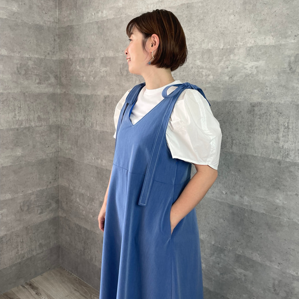 新色ブルー♡1年中使える♡スラっと見え 外せる肩リボン2wayジャンパースカート【フリー】KMC-723 330059 6枚目の画像