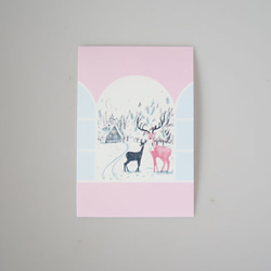 旅するお土産Lokki 北欧の風景と動物ポストカード　ピンク　窓　トナカイ　雪 1枚目の画像