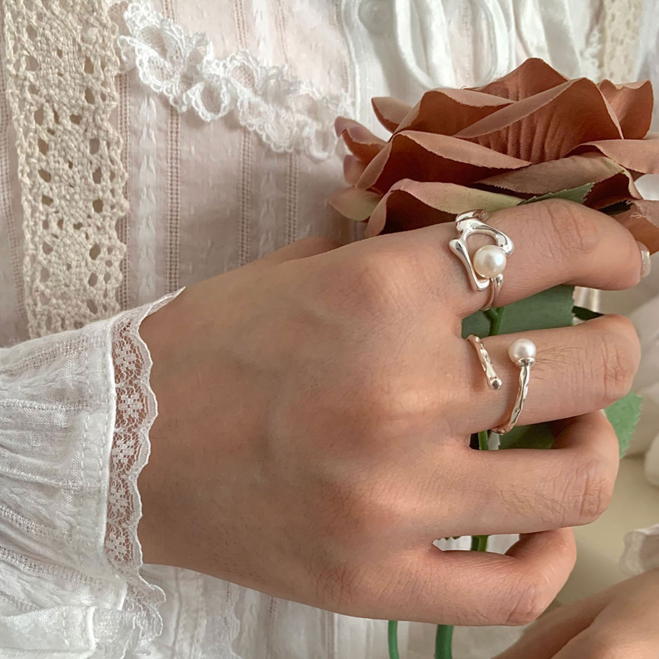 母の日シルバー925イレギュラーパールリングスモールマッチラップアラウンドリングペプラムジュエリー