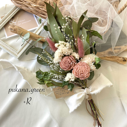 再販♡くすみピンク×グリーン ソーラーローズ ドライフラワースワッグ  