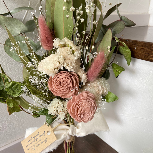 再販♡くすみピンク×グリーン ソーラーローズ ドライフラワースワッグ  