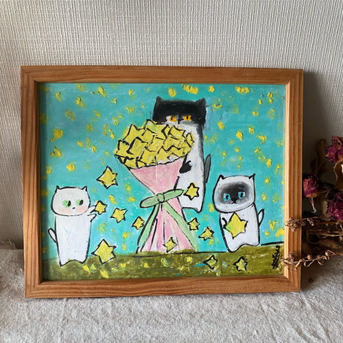 原画 『星をあつめる。,c.』 絵画。原画【かわいい白い猫が夜に梯子を登っ