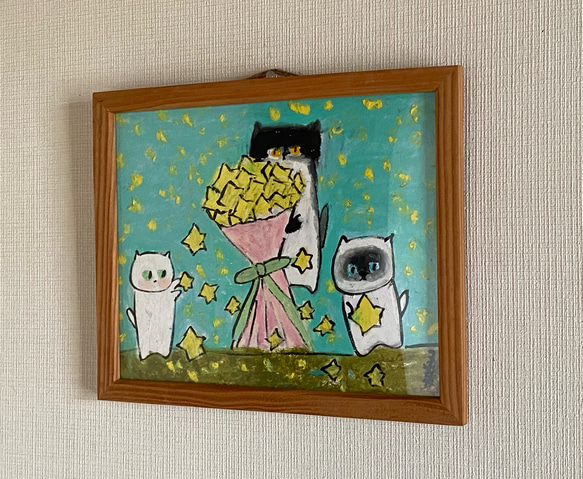 絵画 。原画☆【猫たちは落ちた星を花束に集め、楽しく一緒に遊んでいる】 #プレゼント