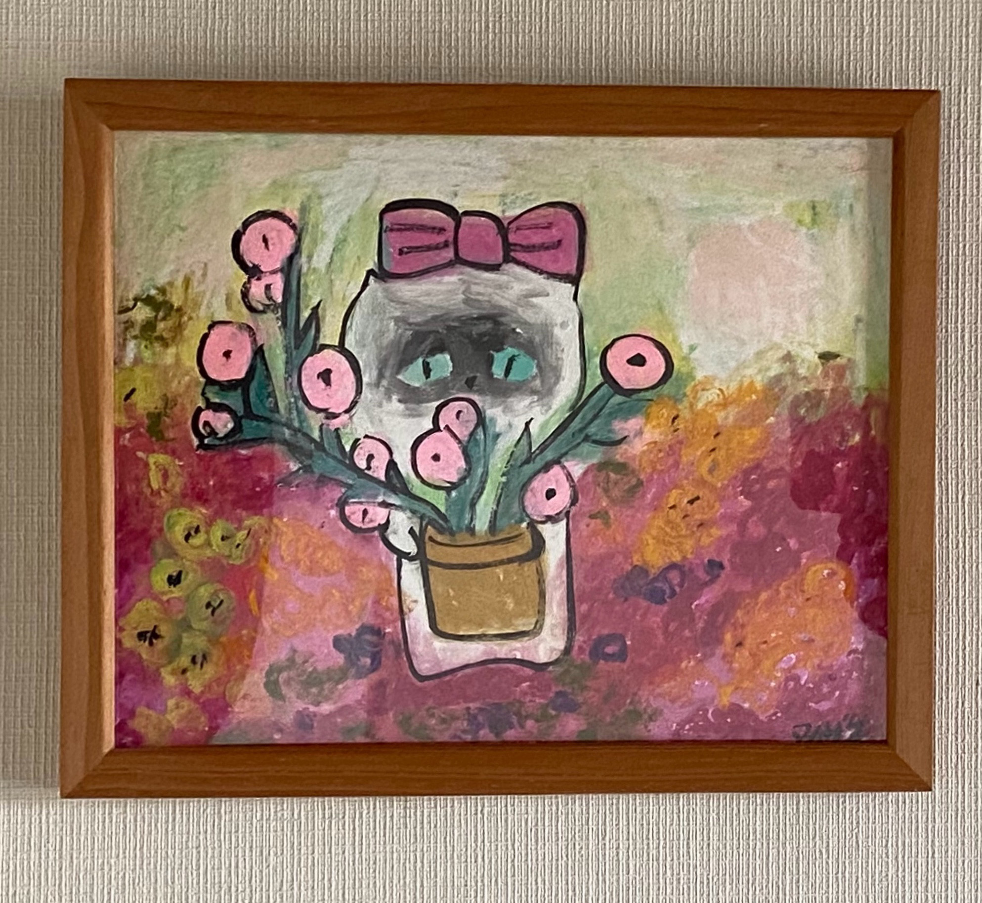 絵画 。原画☆【美しい花畑にきれいな花を植えたかわいいシャム猫 