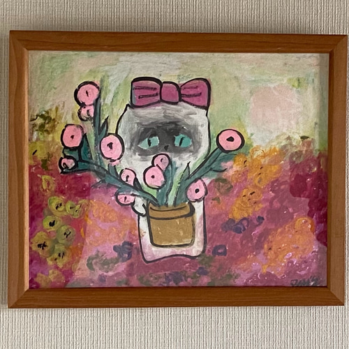 絵画 。原画☆【美しい花畑にきれいな花を植えたかわいいシャム猫】 絵画 。原画☆【美しい花畑にきれいな花を植えたかわいいシャム