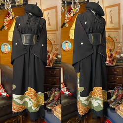 和洋折衷 黒留袖 着物 リメイク ワンピース ドレス ハンドメイド レトロ 古着 和 モダン TKW-34 2枚目の画像