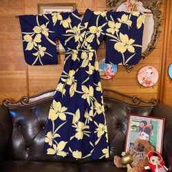 和洋折衷 浴衣 リメイク ワンピース ドレス 帯サッシュベルト レトロ 古着 和 モダン 素敵な花柄 W-250 6枚目の画像
