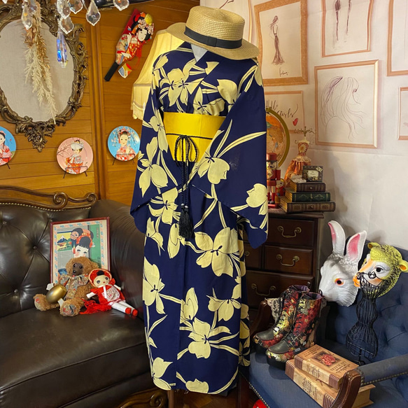 和洋折衷 浴衣 リメイク ワンピース ドレス 帯サッシュベルト レトロ 古着 和 モダン 素敵な花柄 W-250 4枚目の画像