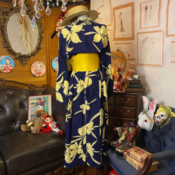 和洋折衷 浴衣 リメイク ワンピース ドレス 帯サッシュベルト レトロ 古着 和 モダン 素敵な花柄 W-250 5枚目の画像