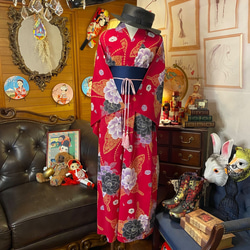 和洋折衷 浴衣 リメイク ワンピース ドレス 帯サッシュベルト レトロ 古着 和 モダン W-251 3枚目の画像
