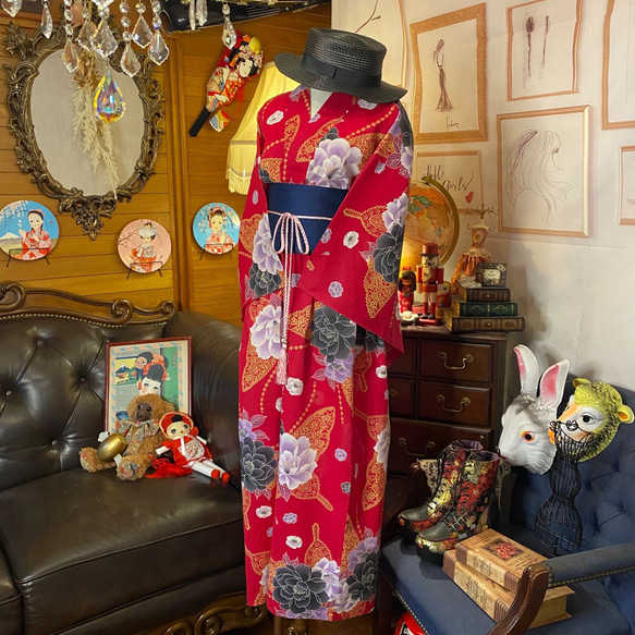 和洋折衷 浴衣 リメイク ワンピース ドレス 帯サッシュベルト レトロ 古着 和 モダン W-251 4枚目の画像