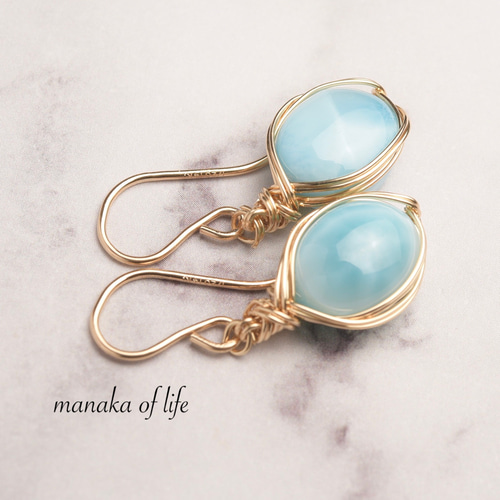 ラリマー ワイヤーラッピング ピアス 14kgf 天然石 送料無料でお届けし  