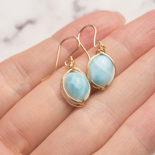 ラリマー ワイヤーラッピング ピアス 14kgf 天然石 送料無料でお届けし  