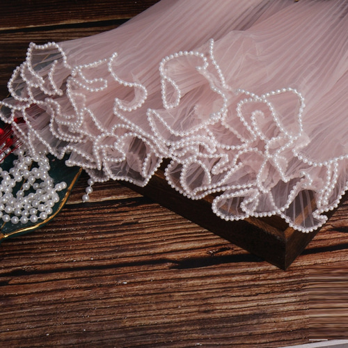 オーガンジープリーツレース パール付き 27cm*1m ピンク レース noppy1  