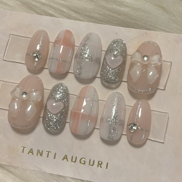 ♥ラメ×ピンクチェック ジェルネイルチップ♥ ネイルチップ（つけ爪  
