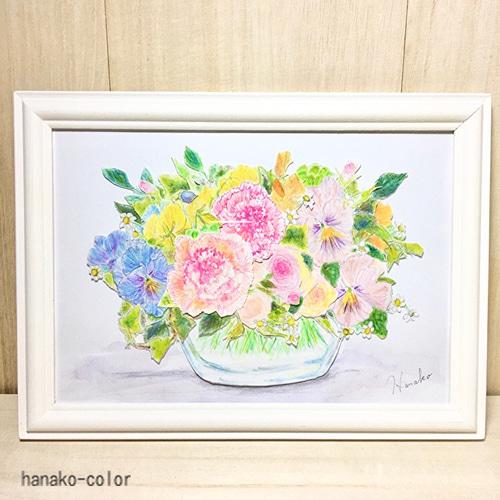 カーネーションと春の小花コラージュ♪水彩イラスト原画木製