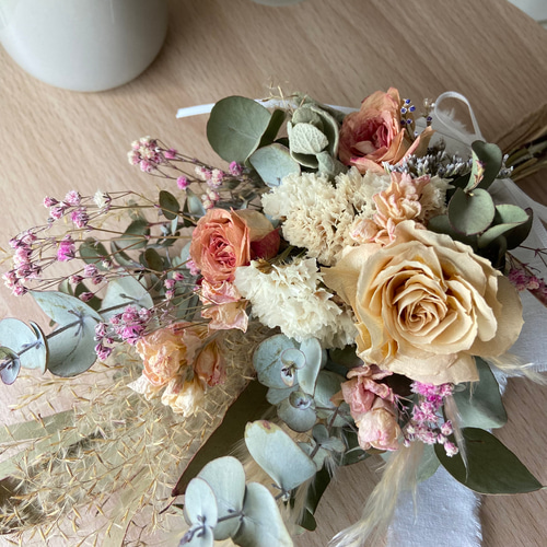 ピンク&くすみベージュ バラ ドライフラワースワッグ ピンクブーケ30cm