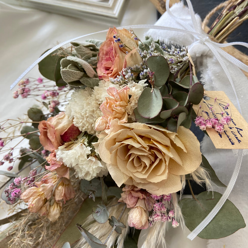 ピンク&くすみベージュ バラ ドライフラワースワッグ ピンクブーケ30cm