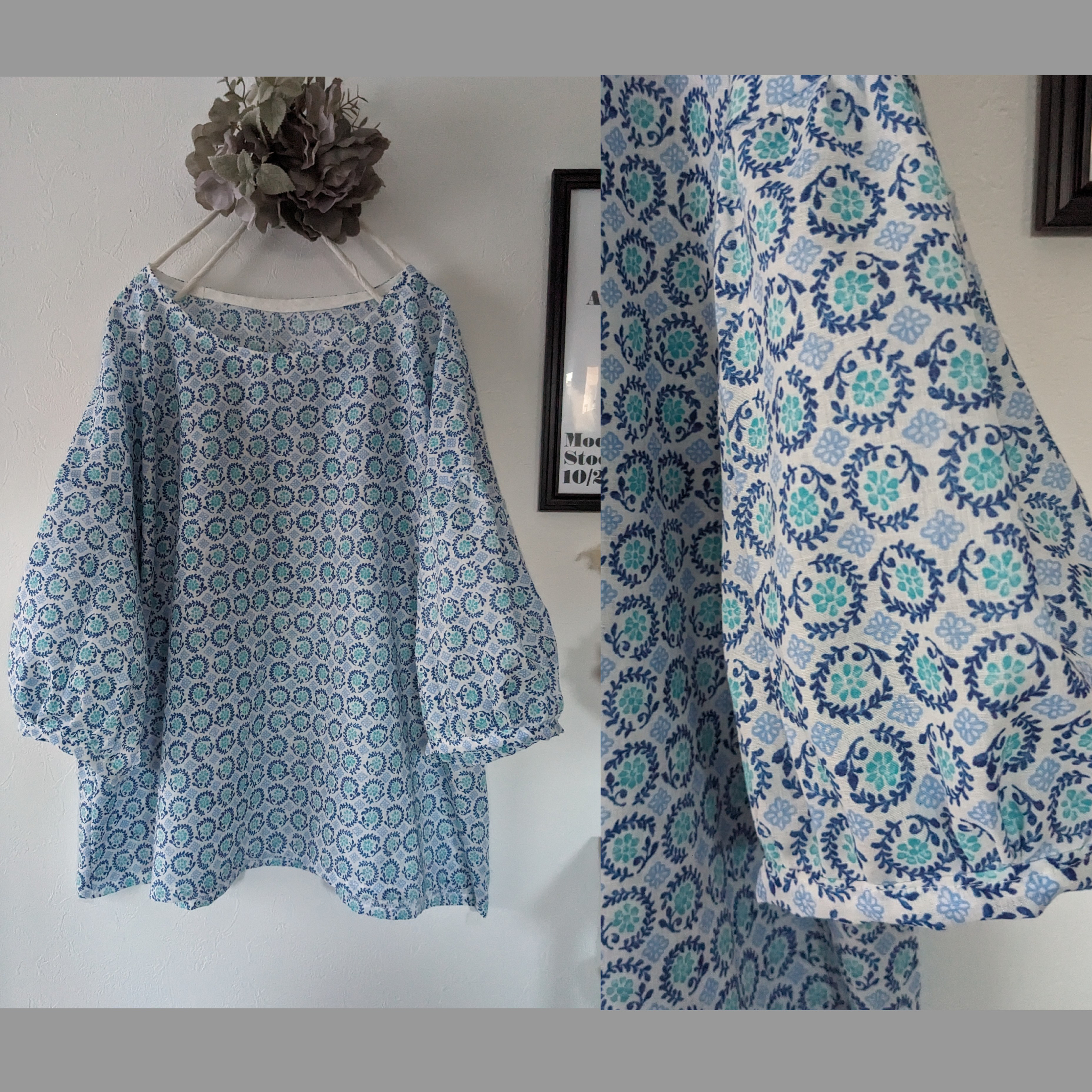 ♥スカイブループロヴァンス風 パフ袖ブラウス♥フレンチ♥南仏プロヴァンス