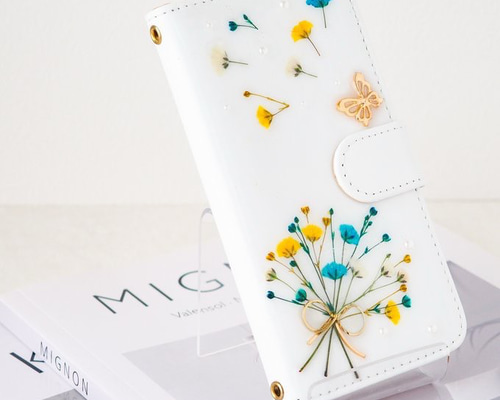 かすみ草の押し花手帳型スマホケース＊393”全機種対応 本物の
