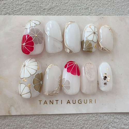 和柄 菊×赤 ネイルチップ 和装/結婚式/前撮り 成人式/振袖/袴着物/卒業式