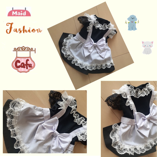 犬服ワンピース メイド服（カチューシャ付き）フレンチスリーブ