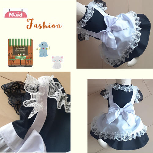 犬服ワンピース メイド服（カチューシャ付き）フレンチスリーブ