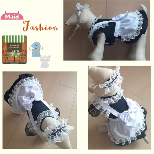 犬服ワンピース メイド服（カチューシャ付き）フレンチスリーブ